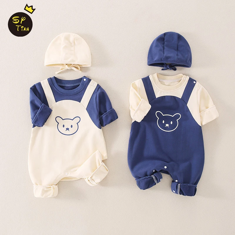 

0-12M Newborn Baby Spring Autumn Rompers Pure Solid Baby Boys Girls Cotton Soft Jumpsuits Gift Round Cap Leisure Kids Overall