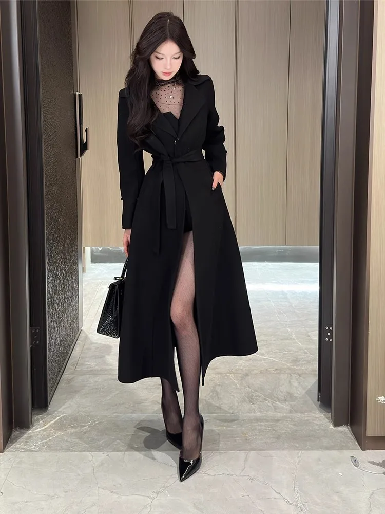 Женское черное шерстяное пальто ретро стиль
