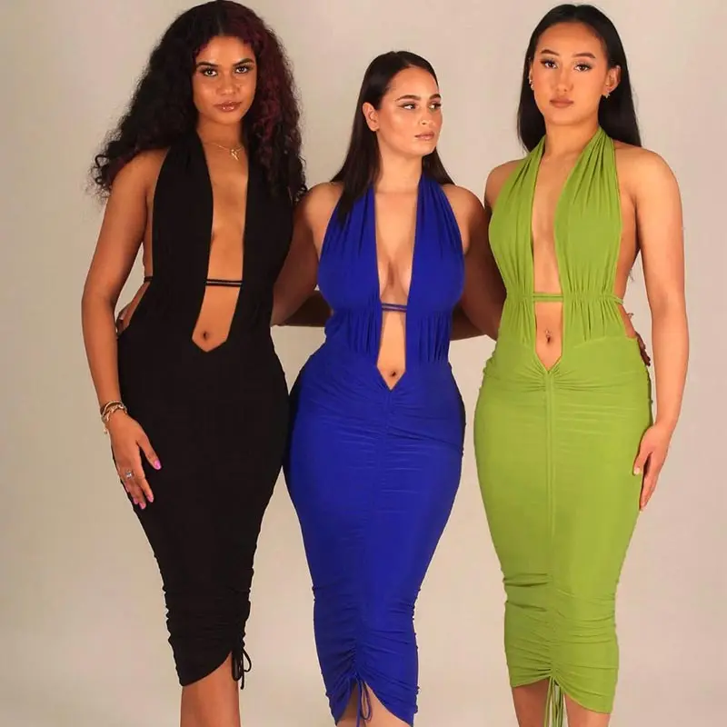 

Women Sexy Slim Fit Sleeveless Drawstring Dress Green Halter Off Shoulder Club Party Elegant Dress Off Navel Beach Dress