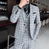jacket vest pants boutique fashion mens plaid casual business suit high end social formal suit 3 pcs set groom wedding