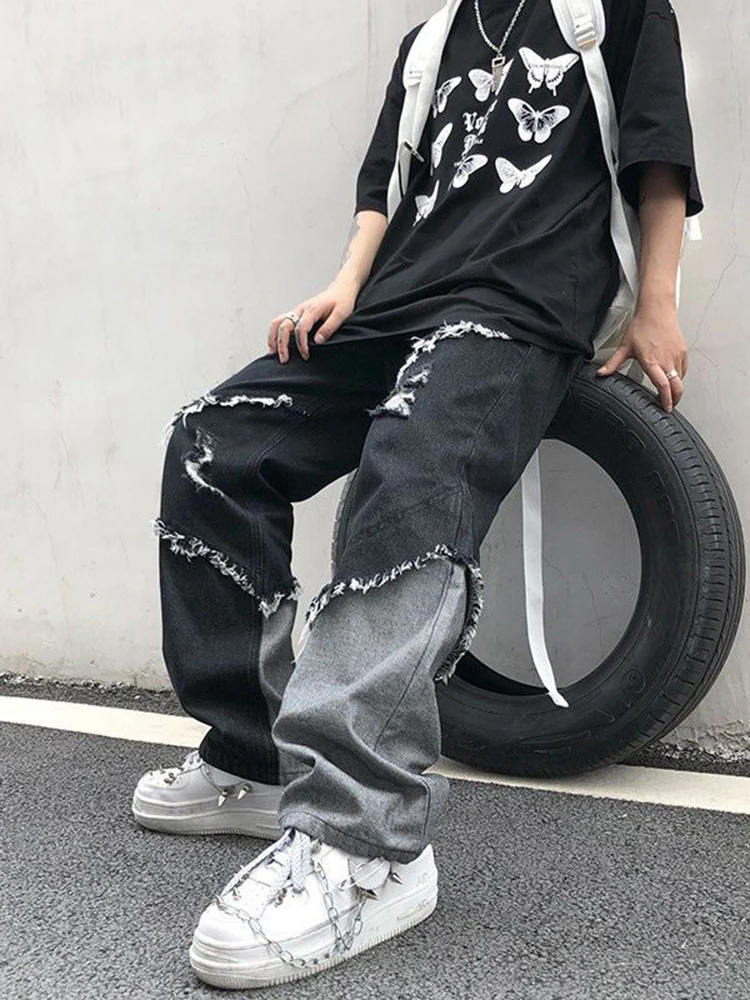 Four Seasons Men Jeans Brand Clothing Fashion High Street Tassel Stitching Raw Edge Design Hip Hop Streetwear Ins Hot Sale JEANS