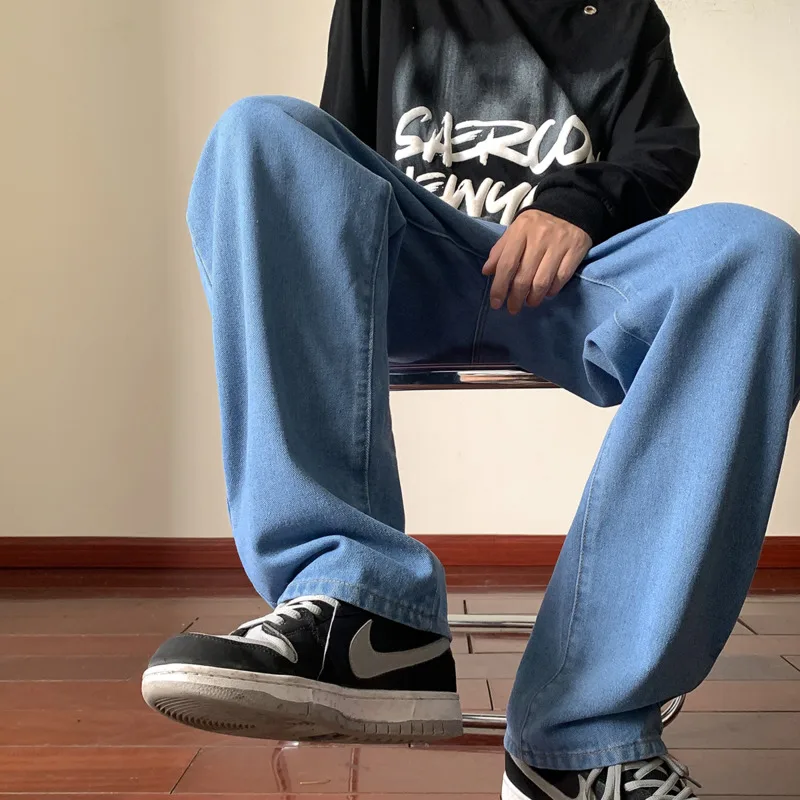 Blue Black Baggy Jeans Men Fashion Retro Casual Straight Jeans Men Streetwear Korean Loose Denim Pants Mens Trousers S-4XL