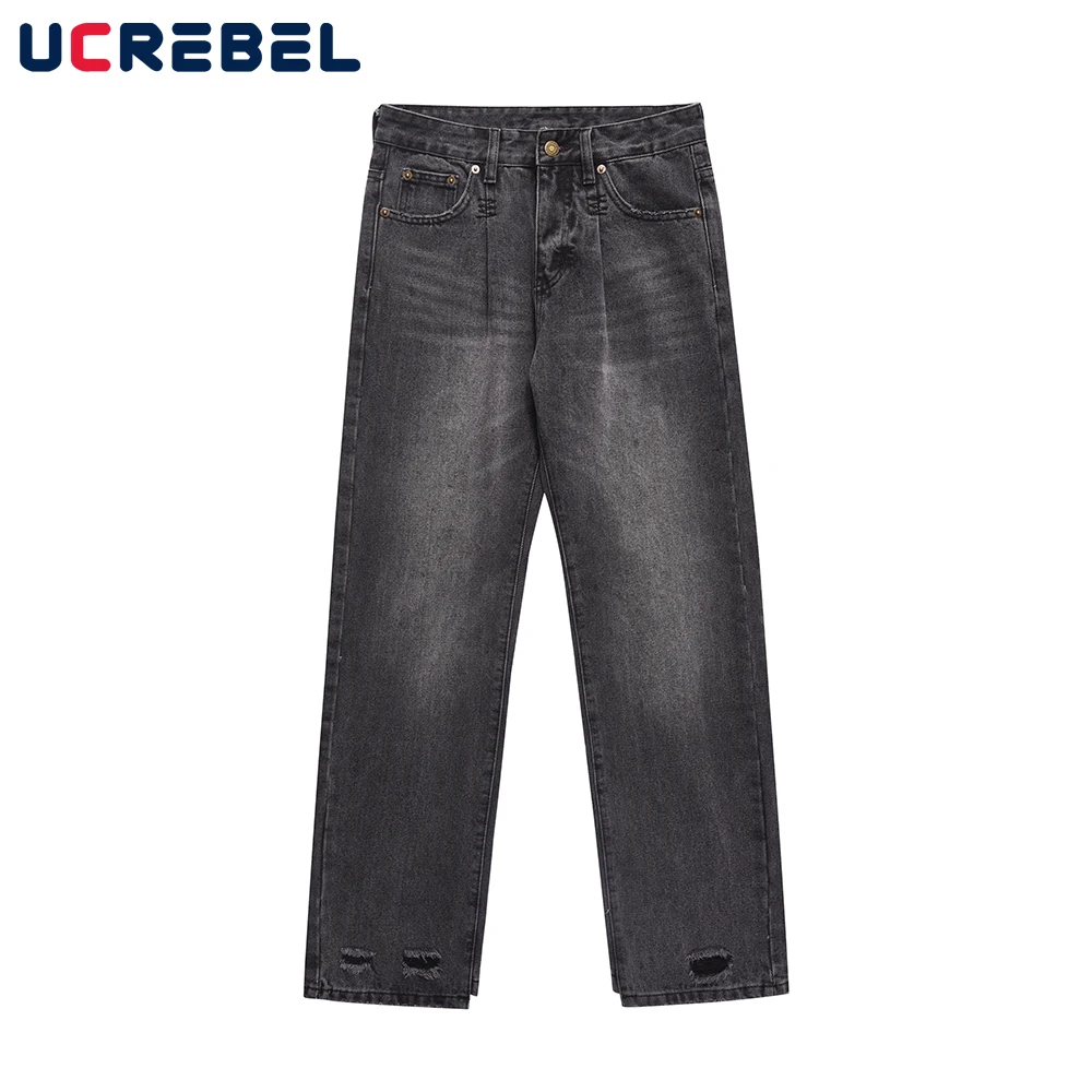 

Джинсы мужские потертые с необработанными краями, рваные брюки с широкими штанинами, свободные штаны в стиле High Street