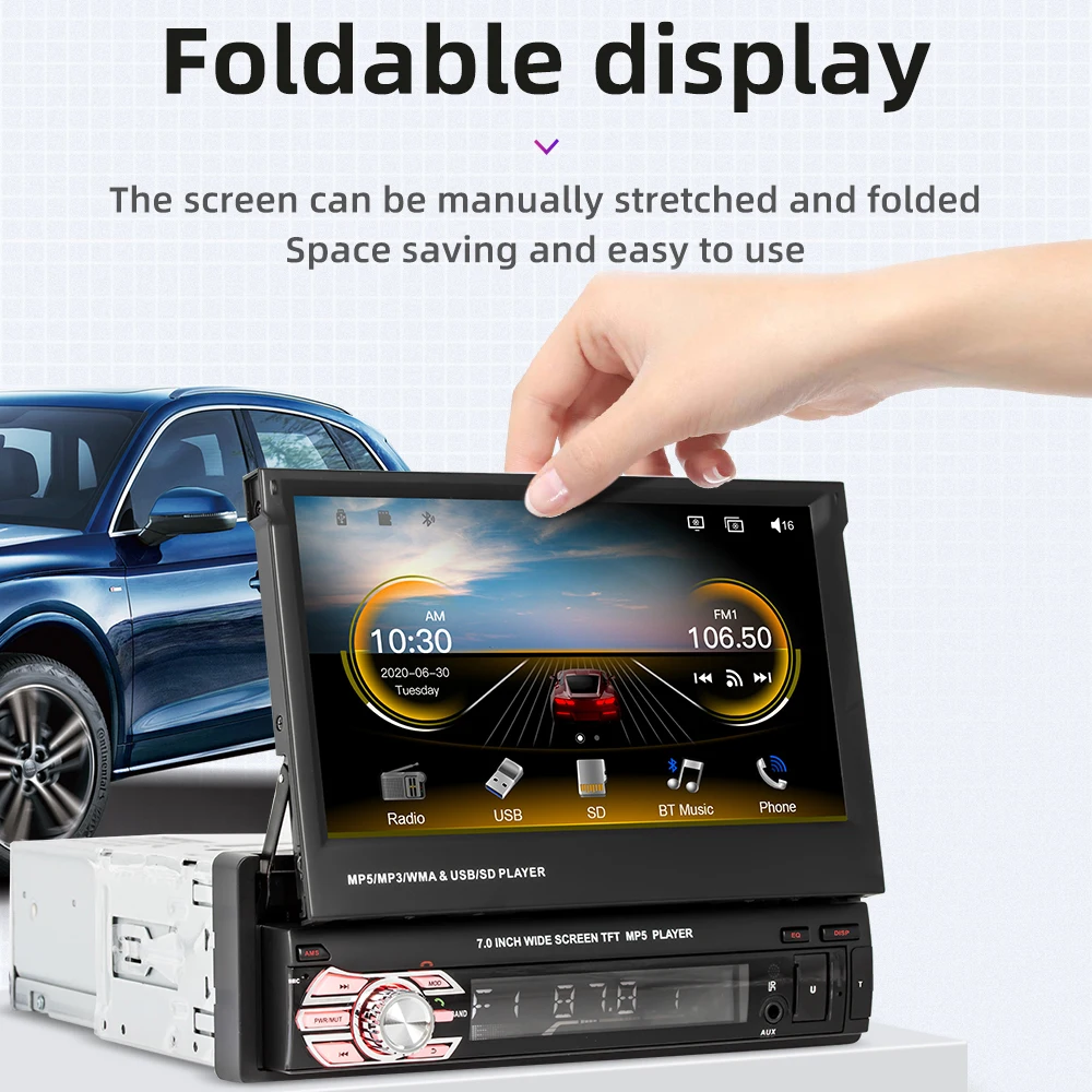 

1din Car Radio CarPlay GPS Navigation 7" Retractable Screen 1 Din Android Multimedia Universal Audio Video MP5 Player