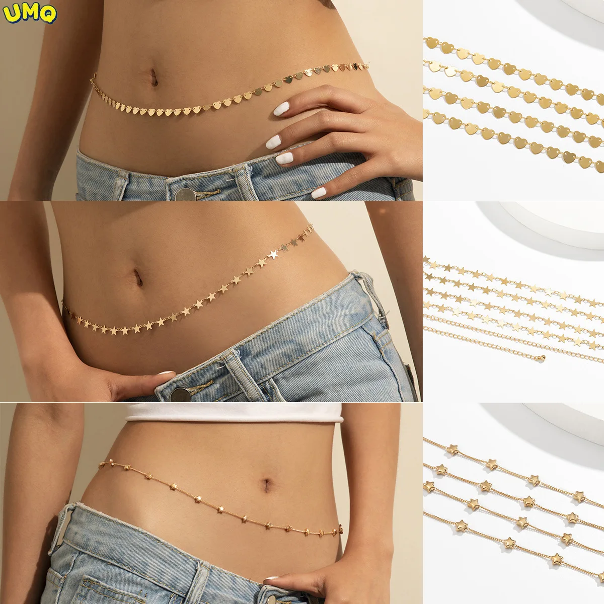

Fashion sexy Simple Metal Star Peach Heart Sequin Waist Chain Trend Geometric Single Layer Chain Body Chaingifts for Women