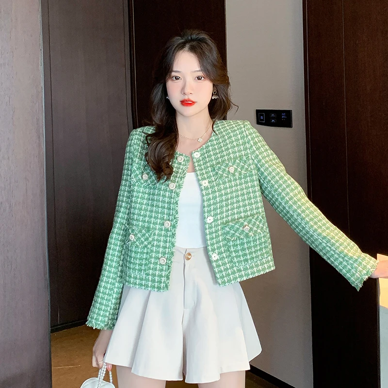 

2022 Early Autumn New Round Neck Geen Plaid Short Jacket Fashionable Temperament Small Fragrance Wind Tops Tweed Coat