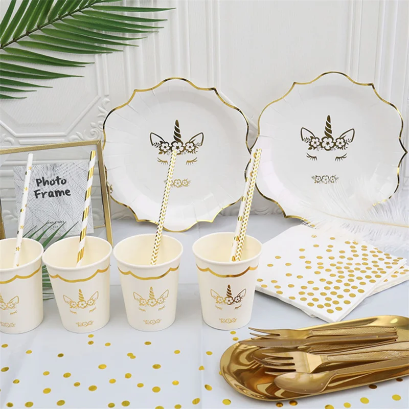 

Baby Shower Birthday Decor Party Tableware Set White Gold Unicorn Party Decorations Paper Plate Wedding Bachelor Party Supplies
