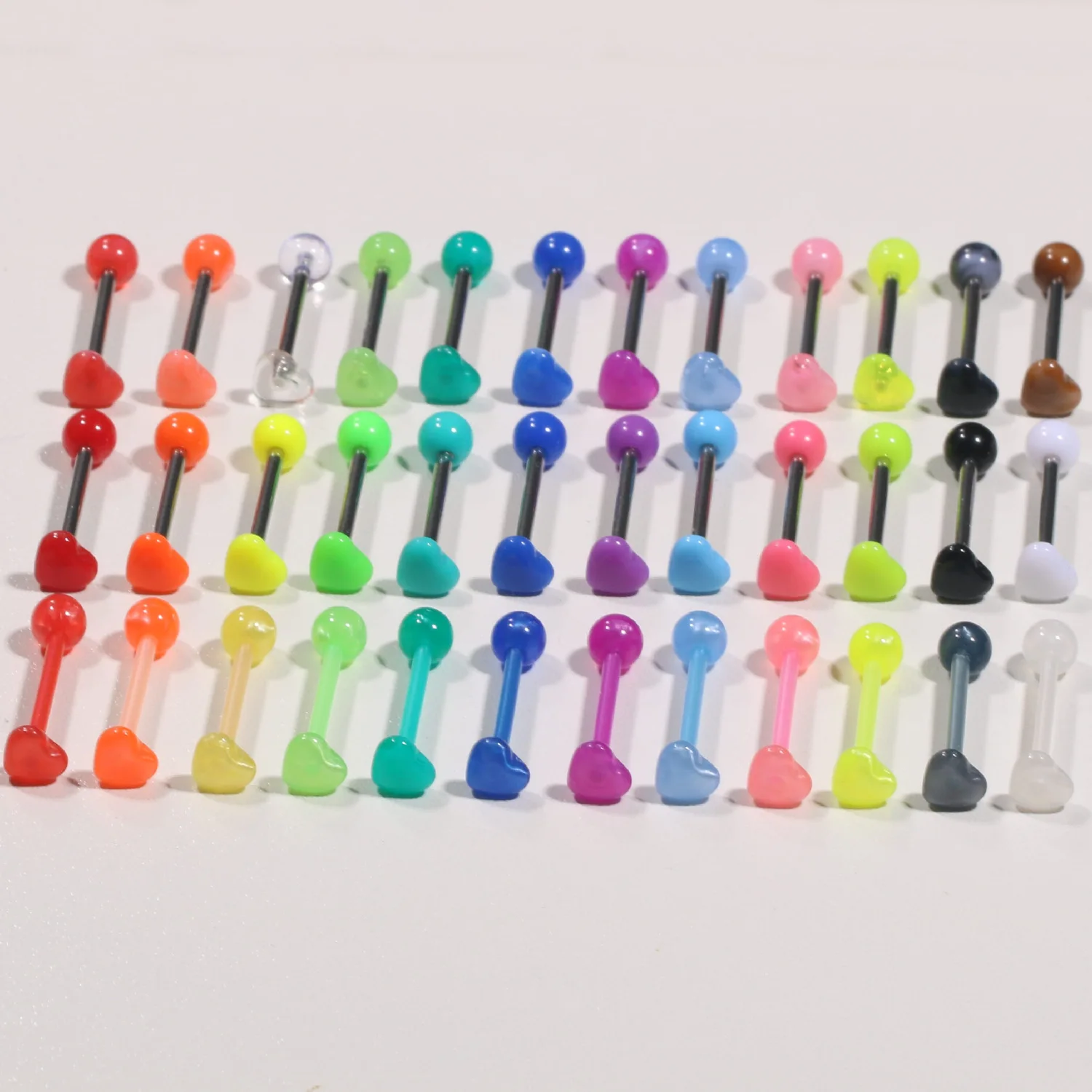 

12Pcs 14G Acrylic Multi Double Solid Color Heart Tongue Piercing Barbell Tongue Rings Stainless Steel Bars Women Men Jewelry