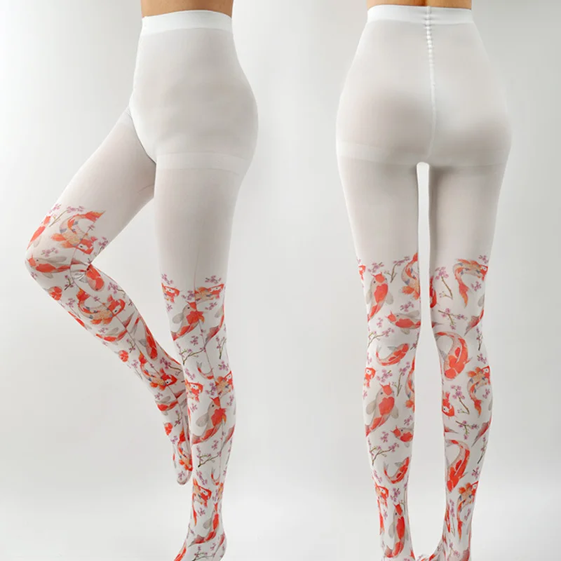 Women Kawaii Tights Harajuku Lolita Tattoo Pantyhose Cute Flower Carp Gradient Pattern Stockings Women Preppy Style Pantyhoses
