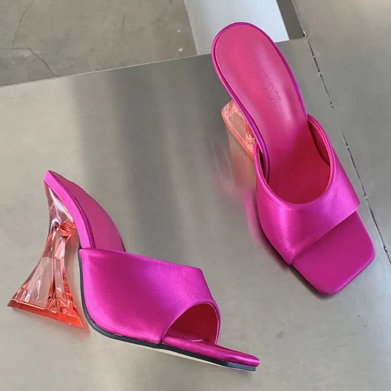 

Silk Green Women's Strange Style Slippers 2022 New Transparent High Heels Slippers Square Toe Female Sandalias De Mujer