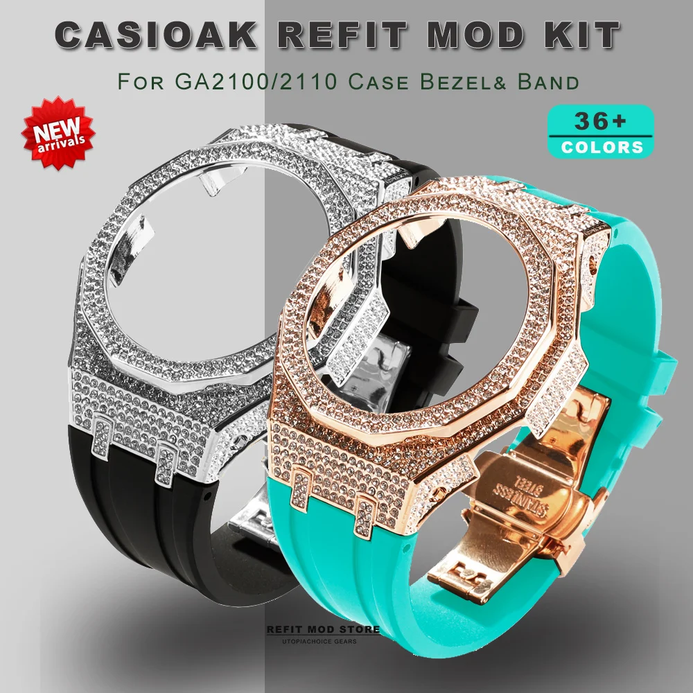 Casioak Luxury Mod Kit for G shock GA100 110 Series Diamond Case Strap Bezel Set for Fluoride Rubber Band