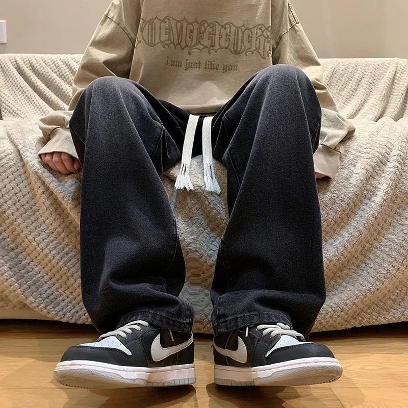Drawstring Baggy Jeans Men Fashion Oversized Casual Wide Leg Jeans Mens Streetwear Hip Hop Loose Straight Denim Trousers Men