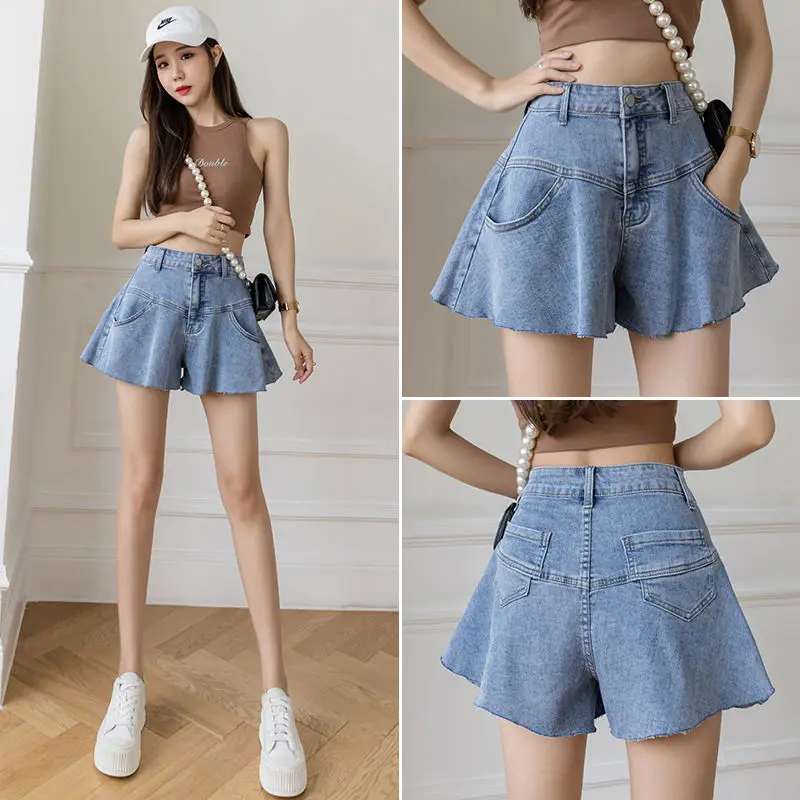 

Women 2022 Summer New High Waist Short Jeans Female Casual Wide Leg Denim Shorts Ladies Solid Color Loose Ruffled Shorts D116
