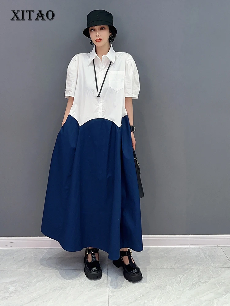 

XITAO Patchwork Turn-down Collar Loose Dress Show Thin Pullover Summer New Arrival Casual Fashion Temperament All Match SMH1739