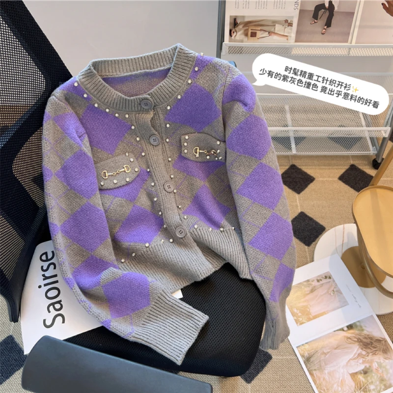 

Women's Autumn and Winter New High-end Round Neck Long Sleeve Bright Diamond Single Breasted Diamond Knit Cardigan