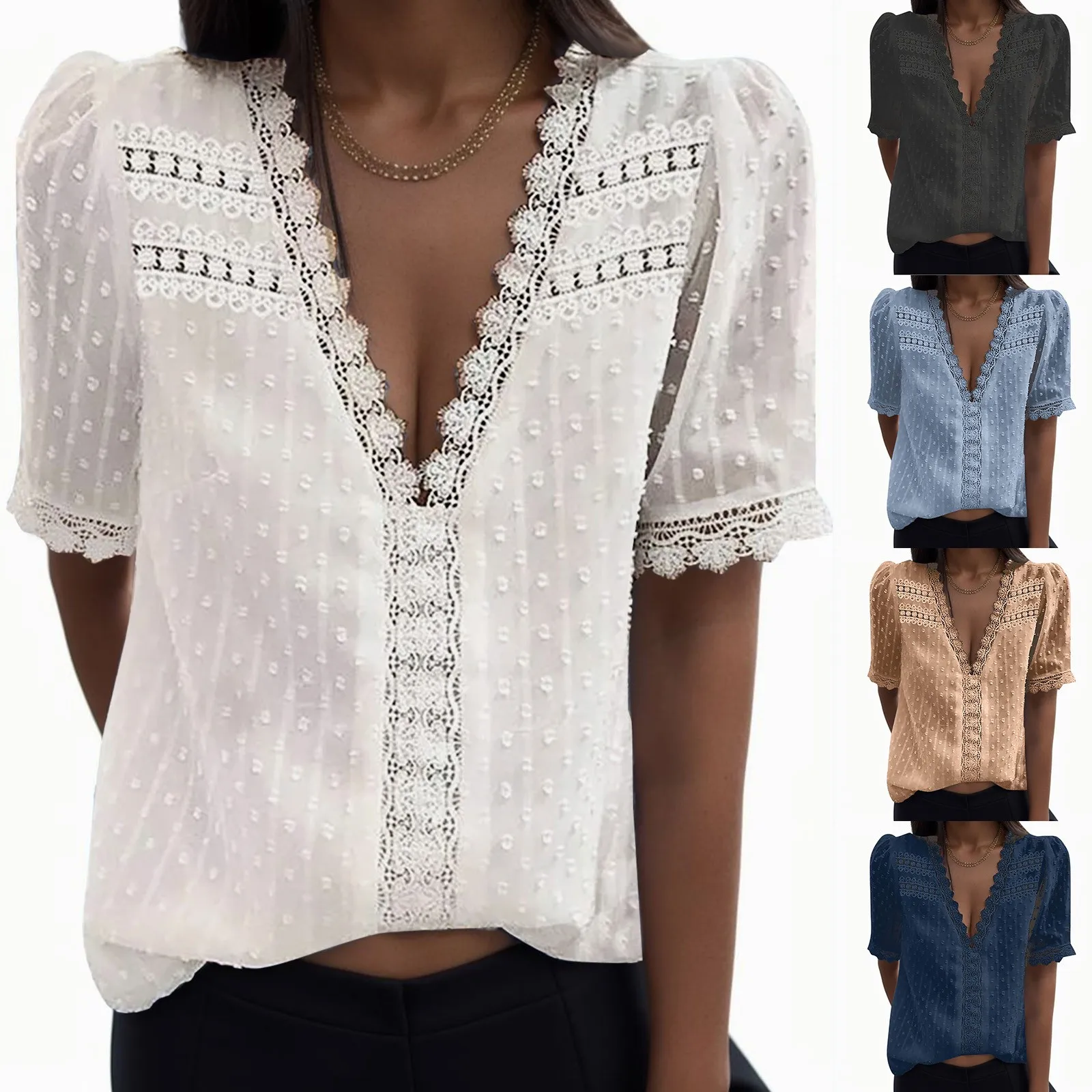

Женская кружевная ажурная рубашка, однотонная блузка с глубоким V-образным вырезом и короткими рукавами, Дамская свободная жаккардовая рубашка с переплетением, уличная одежда