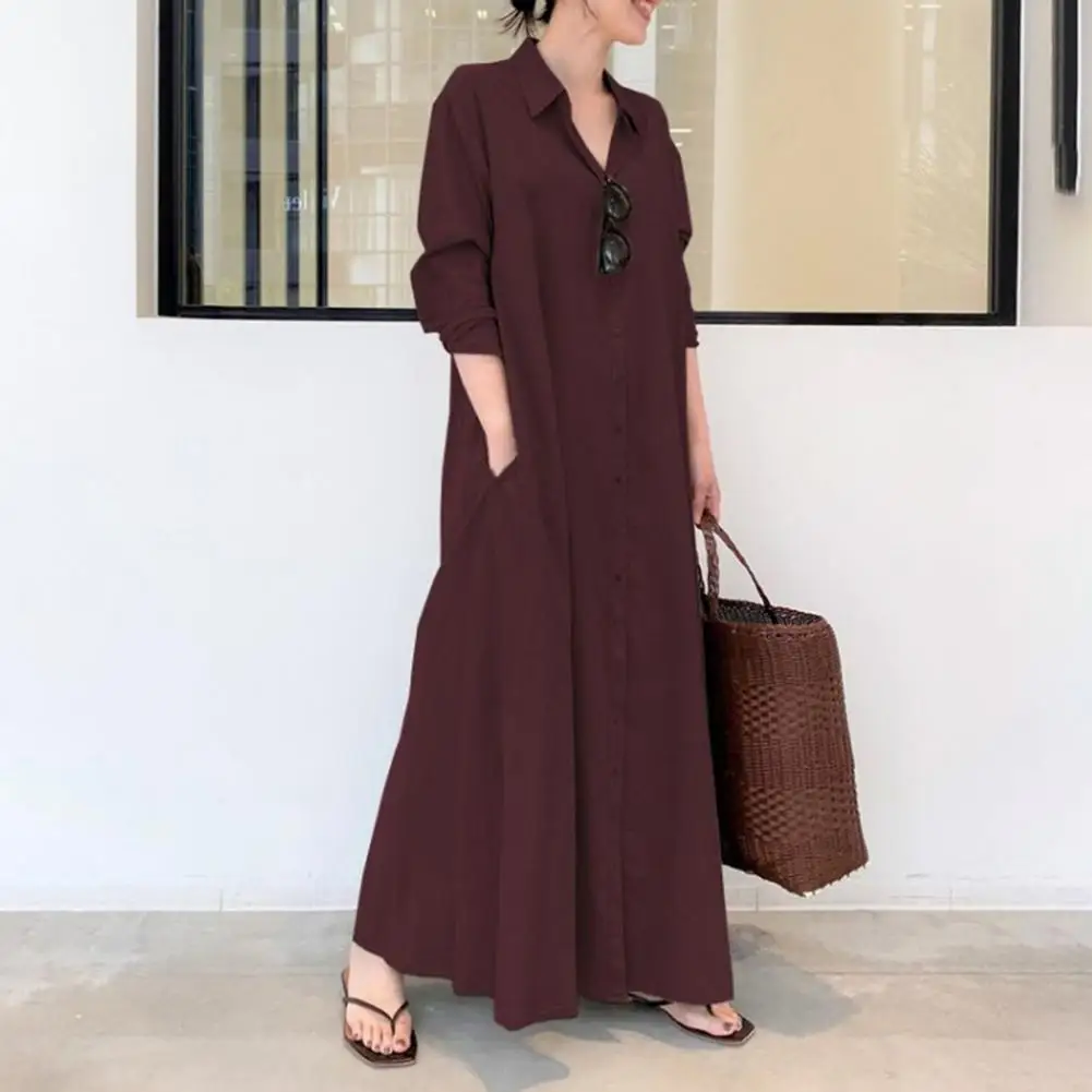 

Loose Sundress Solid Color Sundress Large Hem Single-breasted Large Hem Dress Long Dress for Party