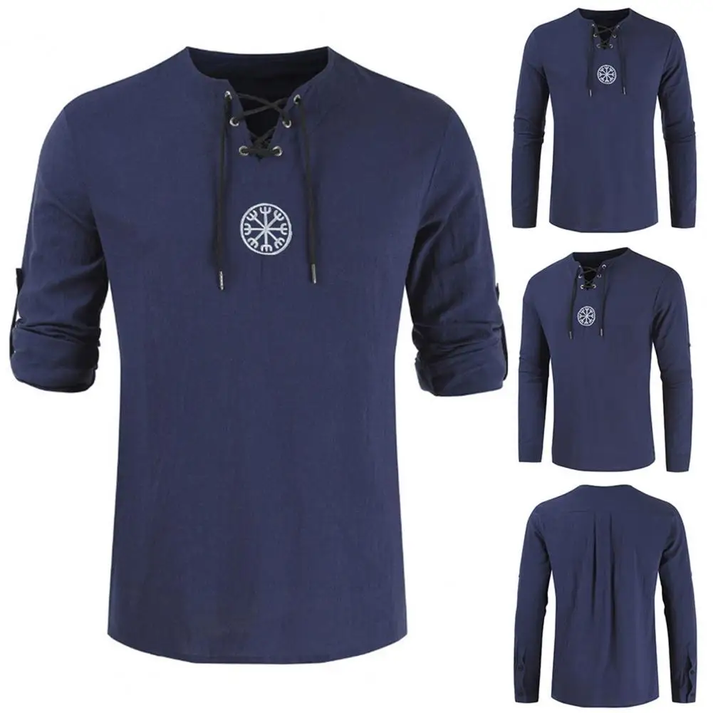 

Men T-Shirt Long Sleeve Viking Embroidery Linen V Neck Men T-Shirt for Daily Life