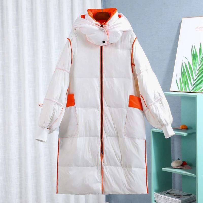 Standing Collar Hooded Loose Youth Straight Long White Duck Down Coat 2022 Winter New Fashion Down Jacket
