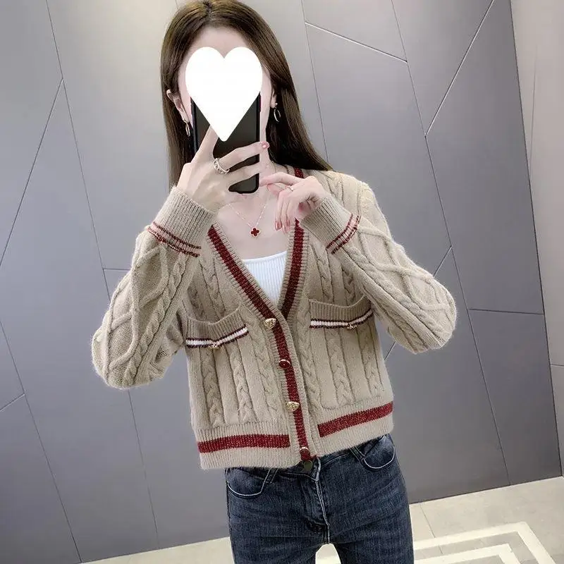

Temperament Fragrant Wind Cashmere Knit Cardigan Female Spring and Autumn New V-neck Jacket Loose Sweater Thin Wool Coat G154
