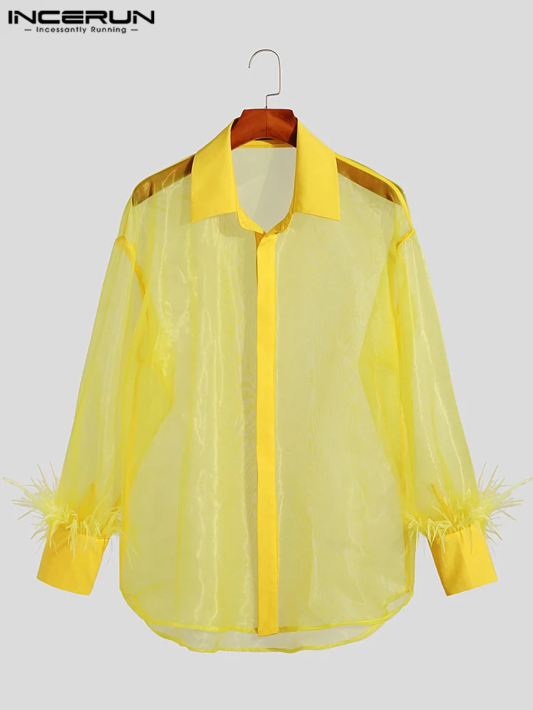 INCERUN Tops 2023 American Style New Men's Cuff Feather Stitching Blouse Fashion Male See-through Long Sleeve Lapel Shirts S-5XL