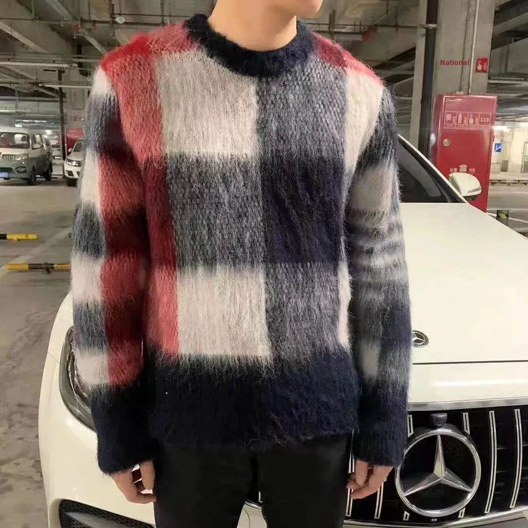 Tbangoras свитер с круглым вырезом в клетку полоску серый красный белый синий вязаный