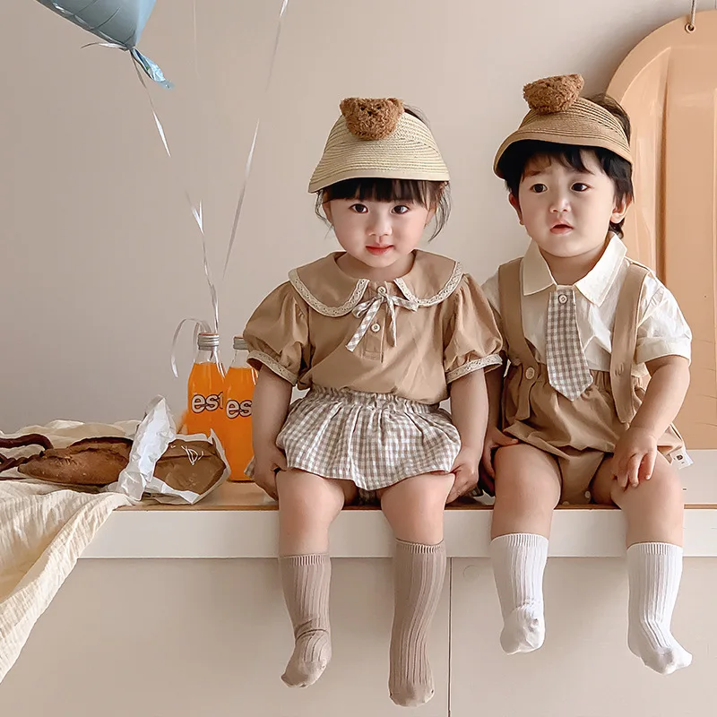 

Summer Baby Sister Brother Matching Clothes Baby Short T-shit+ Plaid Short 2Pcs Infant Girls Boys Clothes Set Outfits Cotton