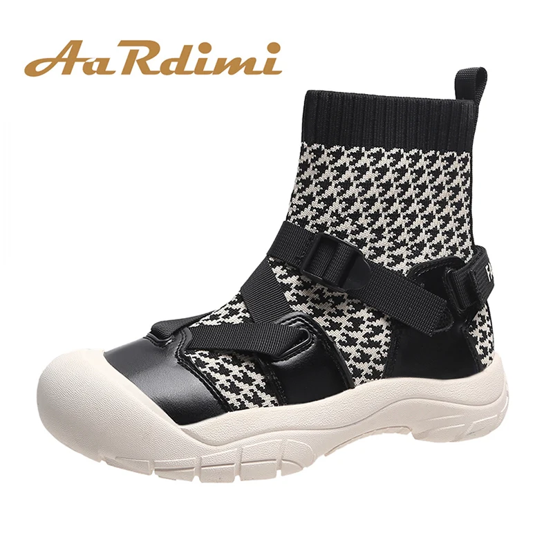 

AARDIMI Knitted Elastic Breathable Women Boots Thick Sole Casual Sneakers Slip-on Flat Sprin AndAutumn Street Style Women Shoes
