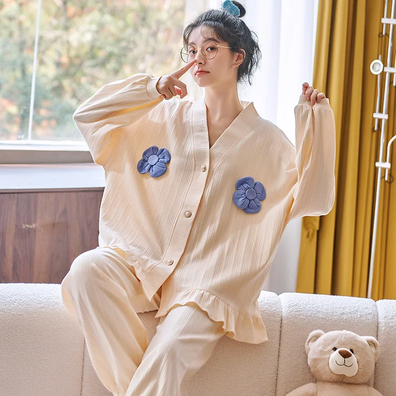 Large Size Sleepwear New Spring Autumn Women's Long-Sleeved Trousers Set Cotton Cardigan Pajamas Students Cute Home Clothes 3XL