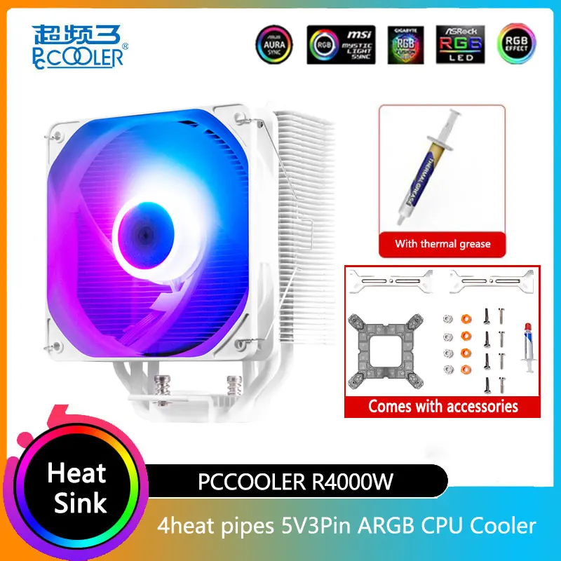 

Pccooler R4000W 4 Heat Pipe Radiator ARGB 5V Motherboard Synchronous Chassis Air-cooled Radiator Supports 1700/AM4 Platform