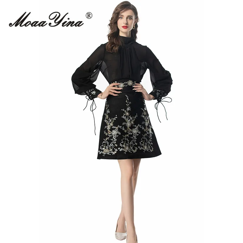 Женский комплект из юбки и шифона с цветочной вышивкой