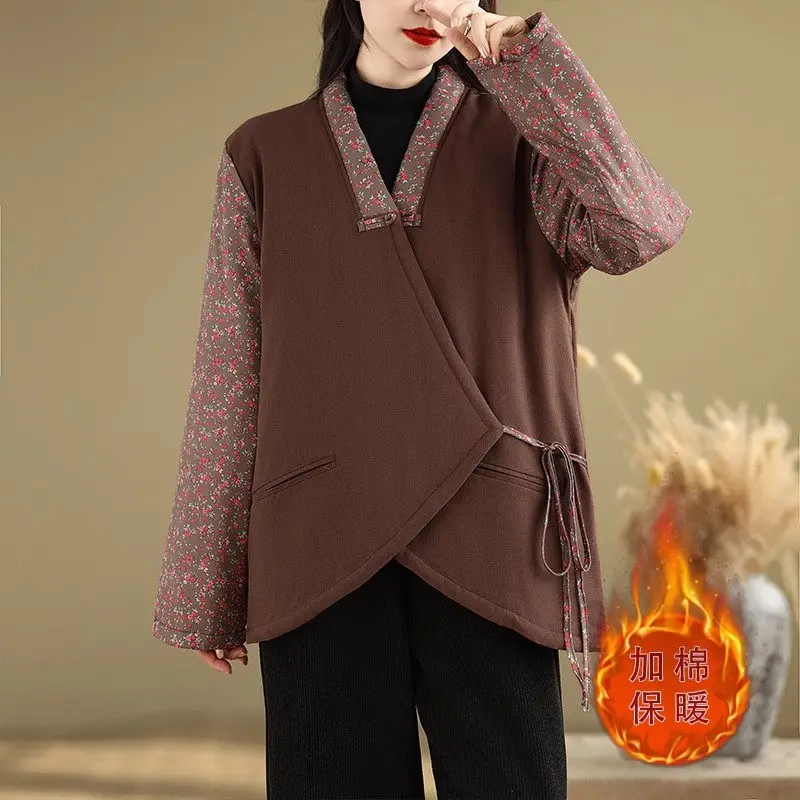 Женская стеганая куртка из хлопка и льна толстое теплое пальто с перекрестным