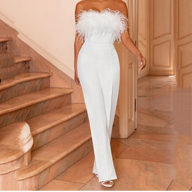 2022 Spring And Summer Women Feather Bandeau Solid Color Pants One-shoulder Open-back Sexy Jumpsuit