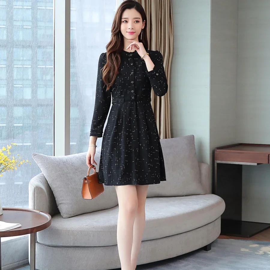 2024 винтажные черные шикарные мини-платья с длинным рукавом Осень-зима однотонное