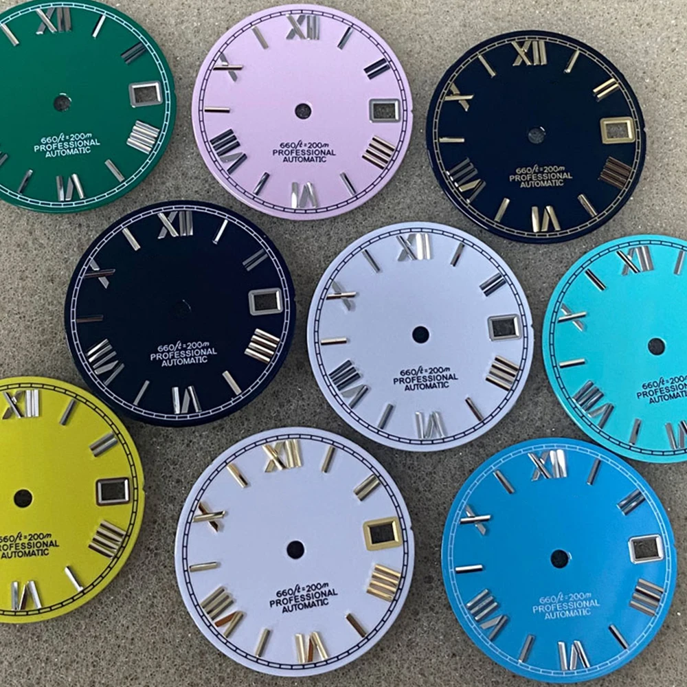 

2023 New Enamel Material Dial 28.5mm No Luminous Roman Numerals Watch Dial Fits for NH35 NH36 4R 7S Movement