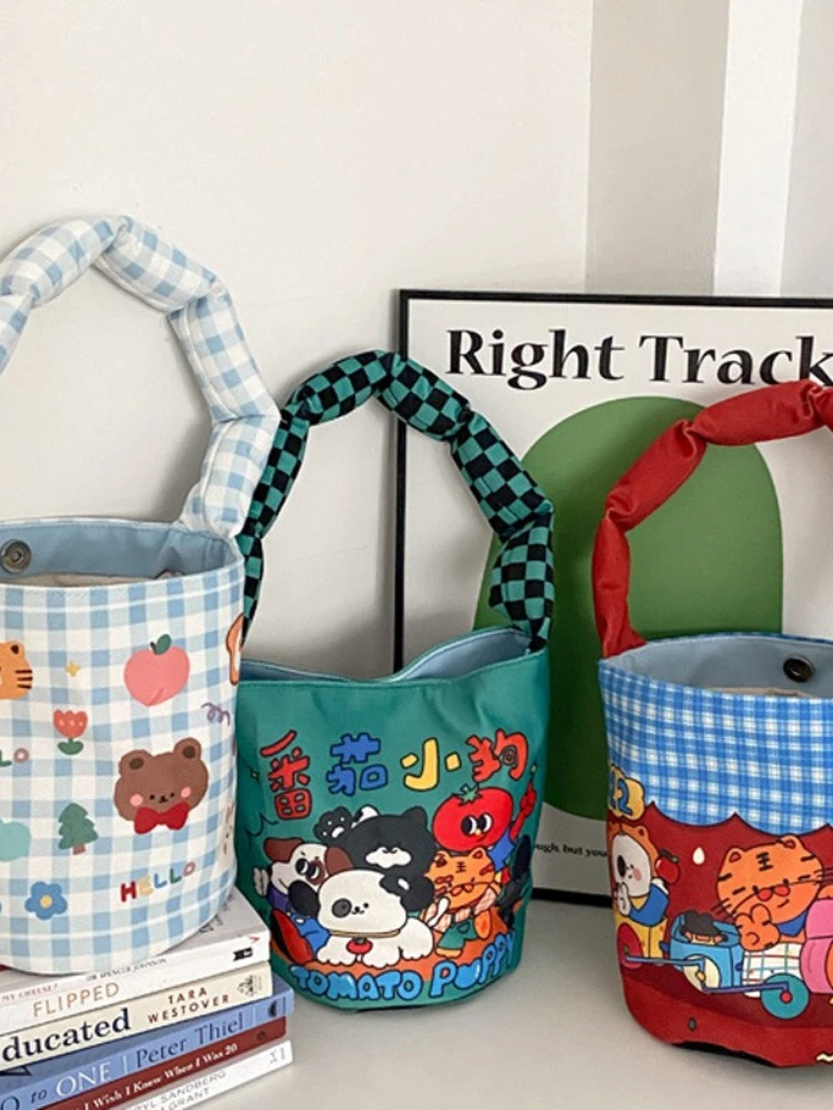 

Animal Cartoon Pattern Print Women Cotton Bucket Shaped Shoulder Bag Magnetic Buckle Tote Female Hand Carry Canvas Bags