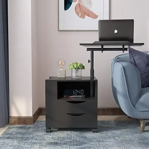 

Height Adjustable Rotary Tabletop, Movable Bedside Table with Storage Drawers, Laptop Workstation Desk with Wheels, Dark Oak