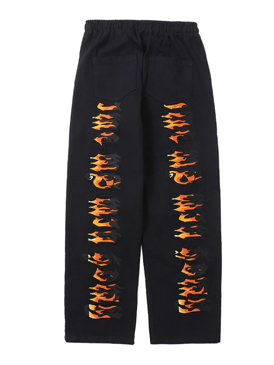 Four Seasons European and American Heavy Overalls Men's Flame Letter Embroidered Straight Jeans Y2K Men Jeans Streetwear Denim