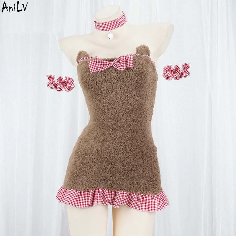 AniLV Winter Warm Cute Girl Plush Bear Dress Women Cat Plaid Maid Lolita Unifrom Outfits Costumes Cosplay