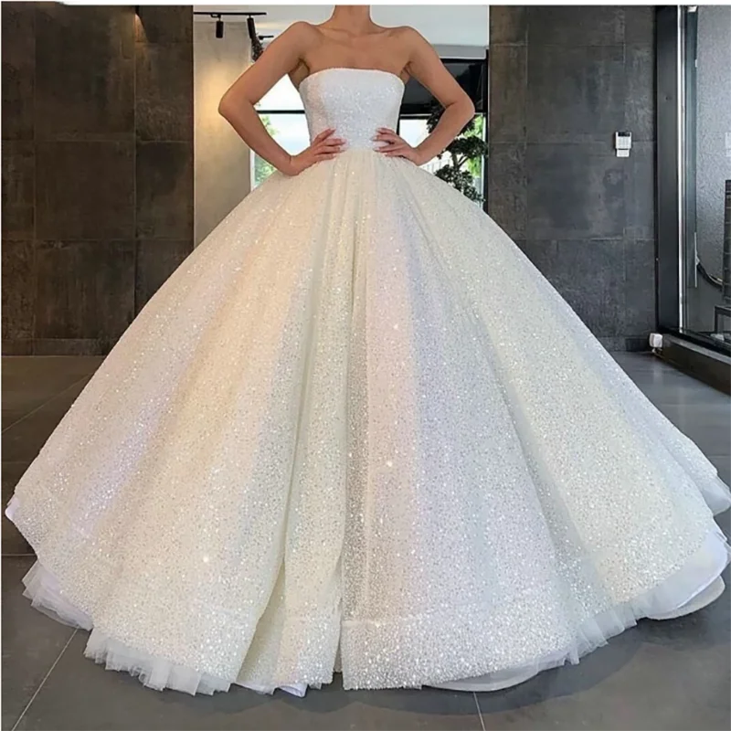 

2023 Plus Size Sparkly Boho Wedding Dress Strapless Sequin Ball Gown Bride Dresses Long Vestido De Noiva Elegant Custom Made2022