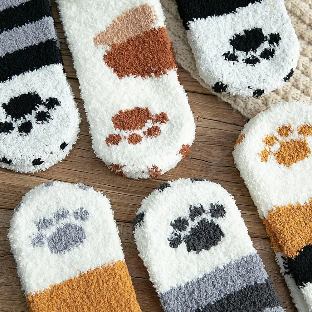 Women Socks Girl Plush Coral Velvet Autumn Winter Cat Paw Lovely Thickened Keep Warm Wood Floor Happy Funny No Shed Hair Quality