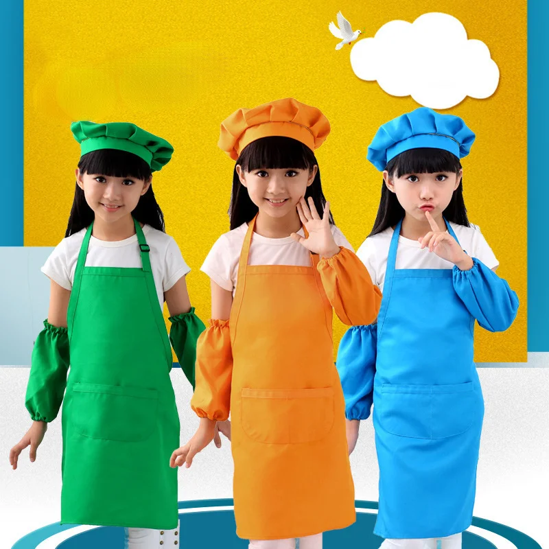 

Children Apron Set Drawing Cooking Apron with Hat Sleeves Baking Painting Gardening Apron Smock Bib Waterproof Children Pinafore