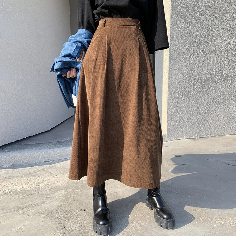 

Vintage Long Corduroy Skirt Women Winter Spring Elastic High Waist A-Line Skirts Vintage Elegant Black Brown Skirts Mid-length