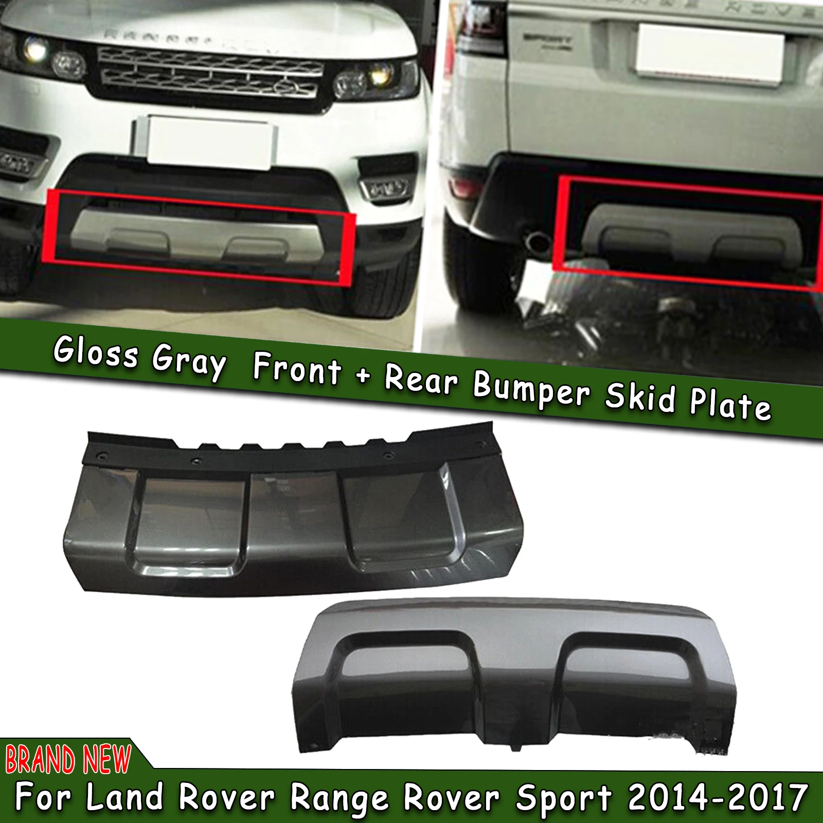 

Glossy Gray Front & Rear Bumper Tow Hook Trailer Cover Spoiler Skid Auto Kit For Land Rover Range Rover Sport 2014-2017