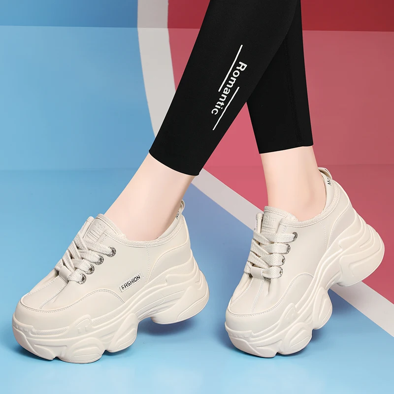 Autuspin Brand Designer 8cm High Wedges Women Shoes Fashion Genuine Leather Vulcanized Sneakers Ladies Chunky Platform Red Color