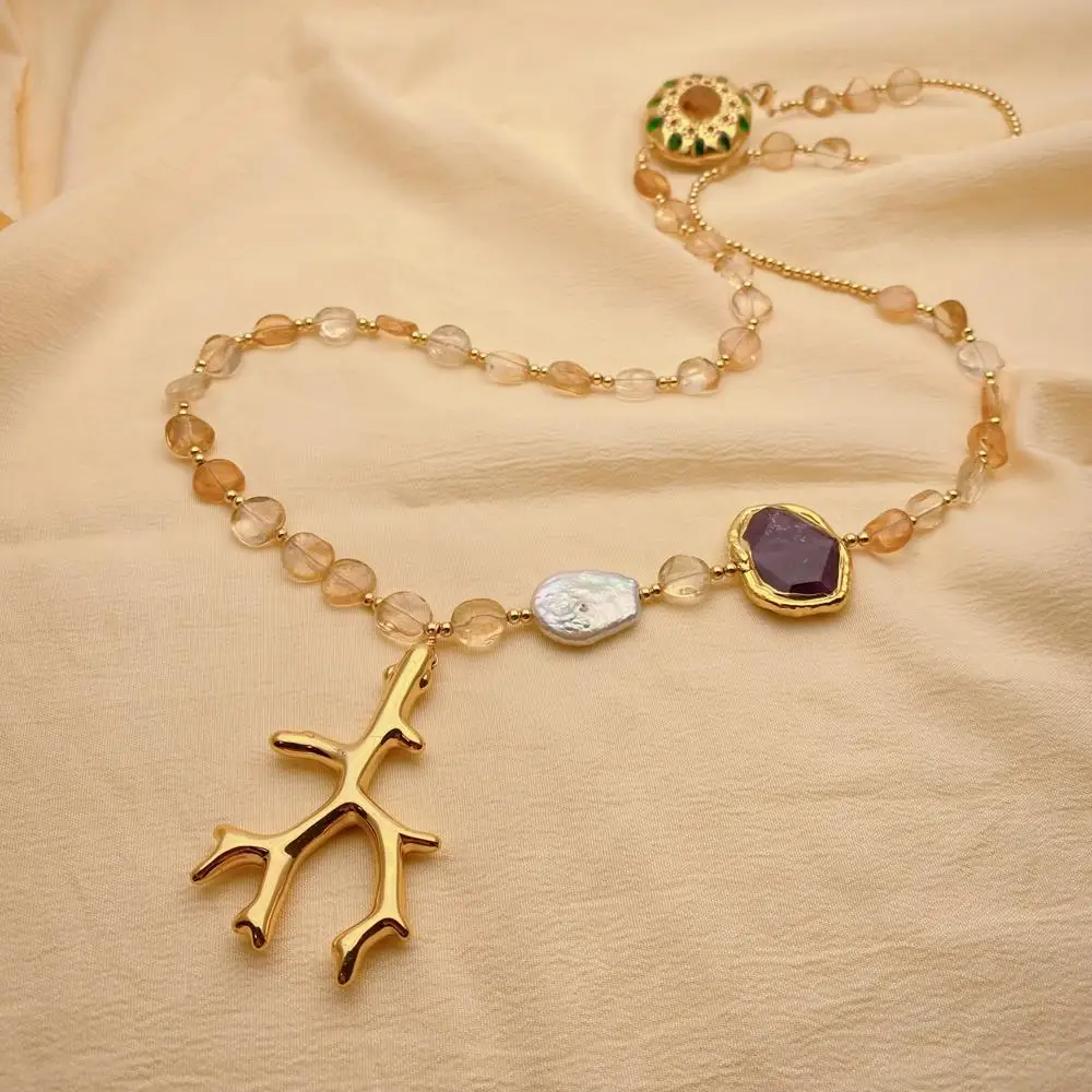 Длинное ожерелье с уникальным натуральным драгоценным камнем YYGEM 10 мм цитрин 22x28