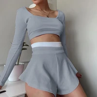 women outfit color block wide leg skin friendlycomfortable slim casual long sleeve top culottes shorts for fitness