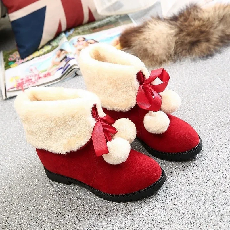 

Ботинки женские теплые на плоской подошве, х/б, с бантиком