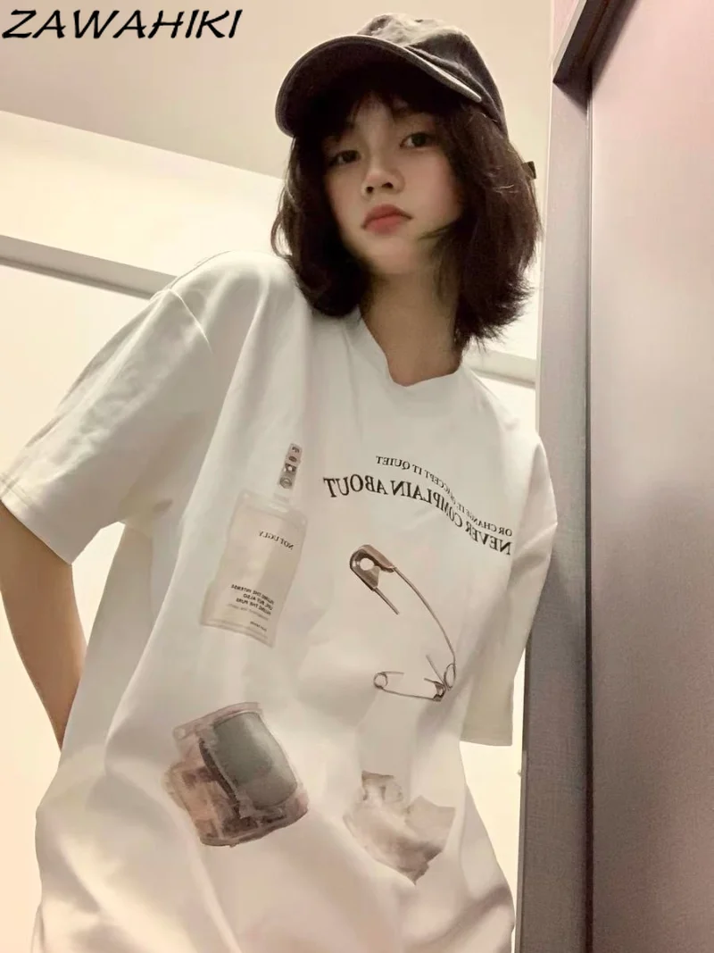 

Y2k Loose Tops Grunge Cartoon Print T-shirt O-neck Pullover Chic T Shirt White Harajuku Streetwear 90s Women Clothes
