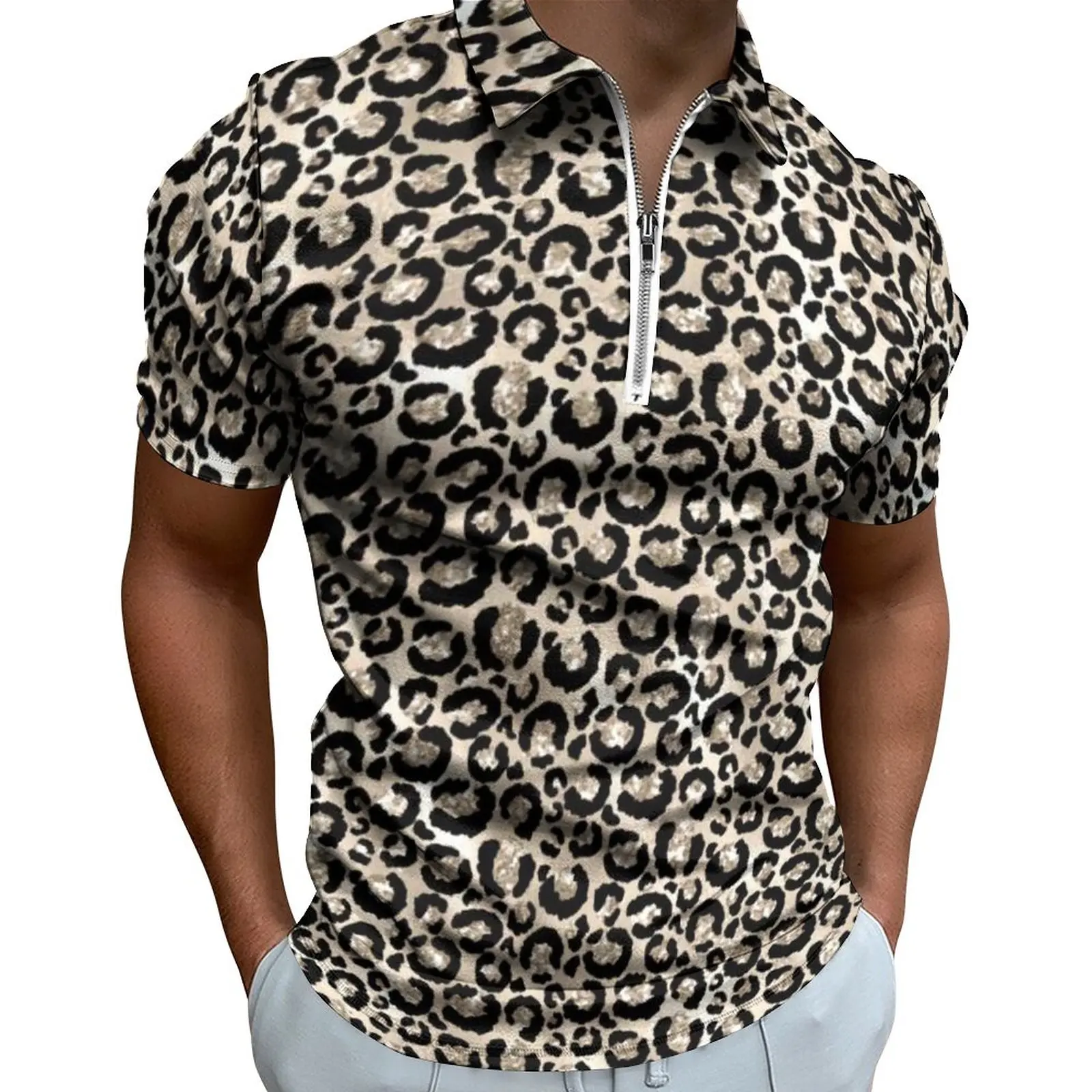 

Glitter Cheetah Spots Casual Polo Shirts Glam Champagne Leopard Print T-Shirts Men Short Sleeve Design Shirt Y2K Oversize Tops